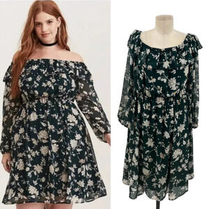 Torrid Green Floral Off The Shoulder Chiffon Dress Plus Size 1X‎